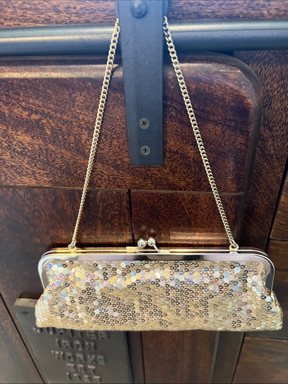 LOFT Gold Sequin Chain Wristlet Clutch